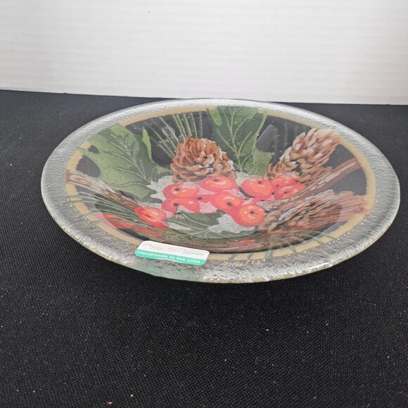 Peggy Karr Pine Cones & Holly Fused Art Glass Holiday Bowl With Signed Sticker - Picture 9 of 12